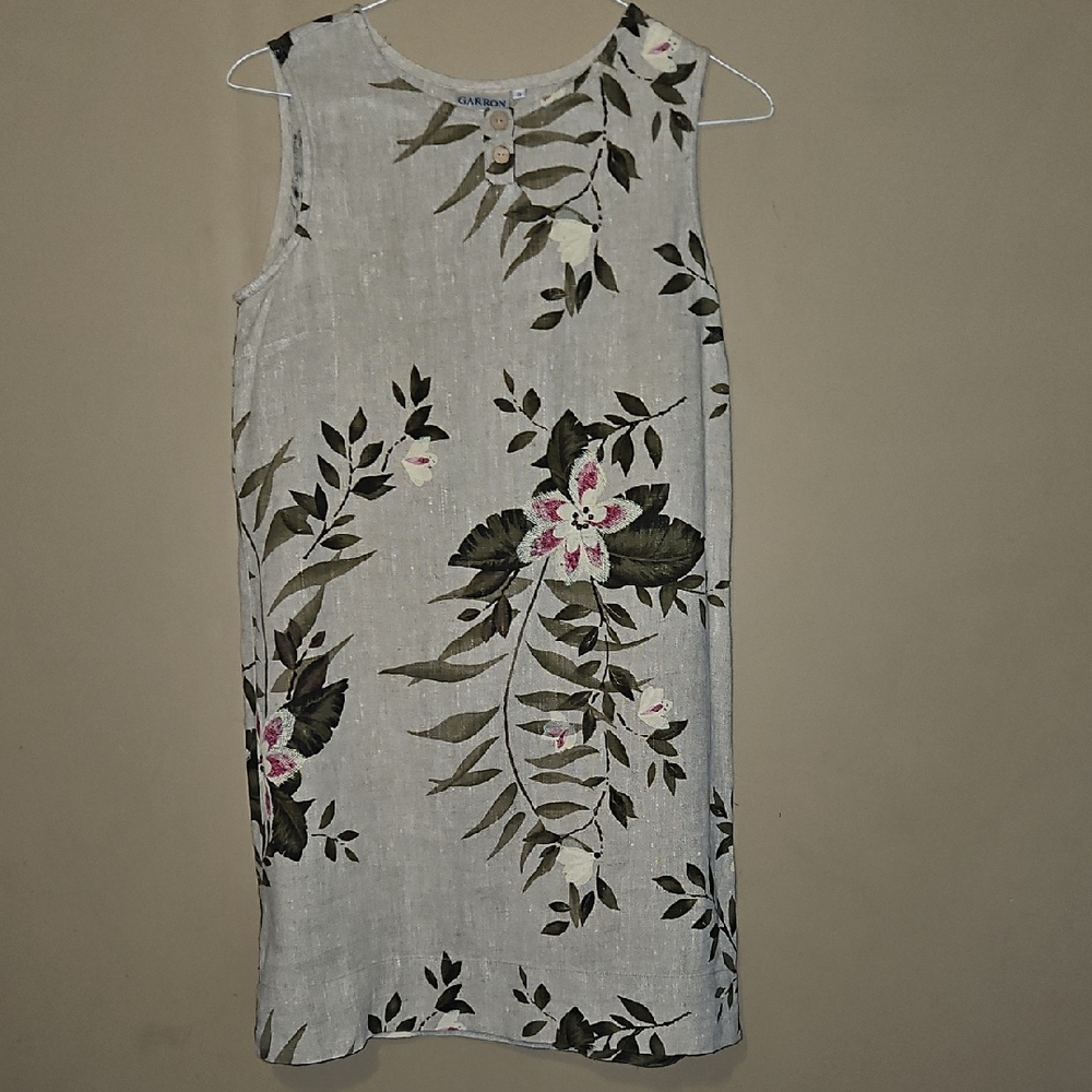 Vintage 100% Linen Dress With Floral Design Size Sm